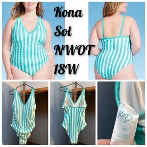 Kona Sol Women's Striped One Piece Swimsuit - Green/White